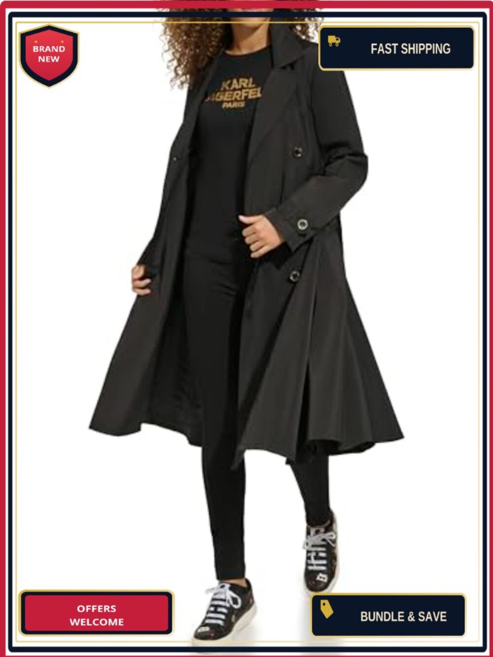 Long Flared Belted Trench Coat, Double Breasted, Notched Collar, Polyester